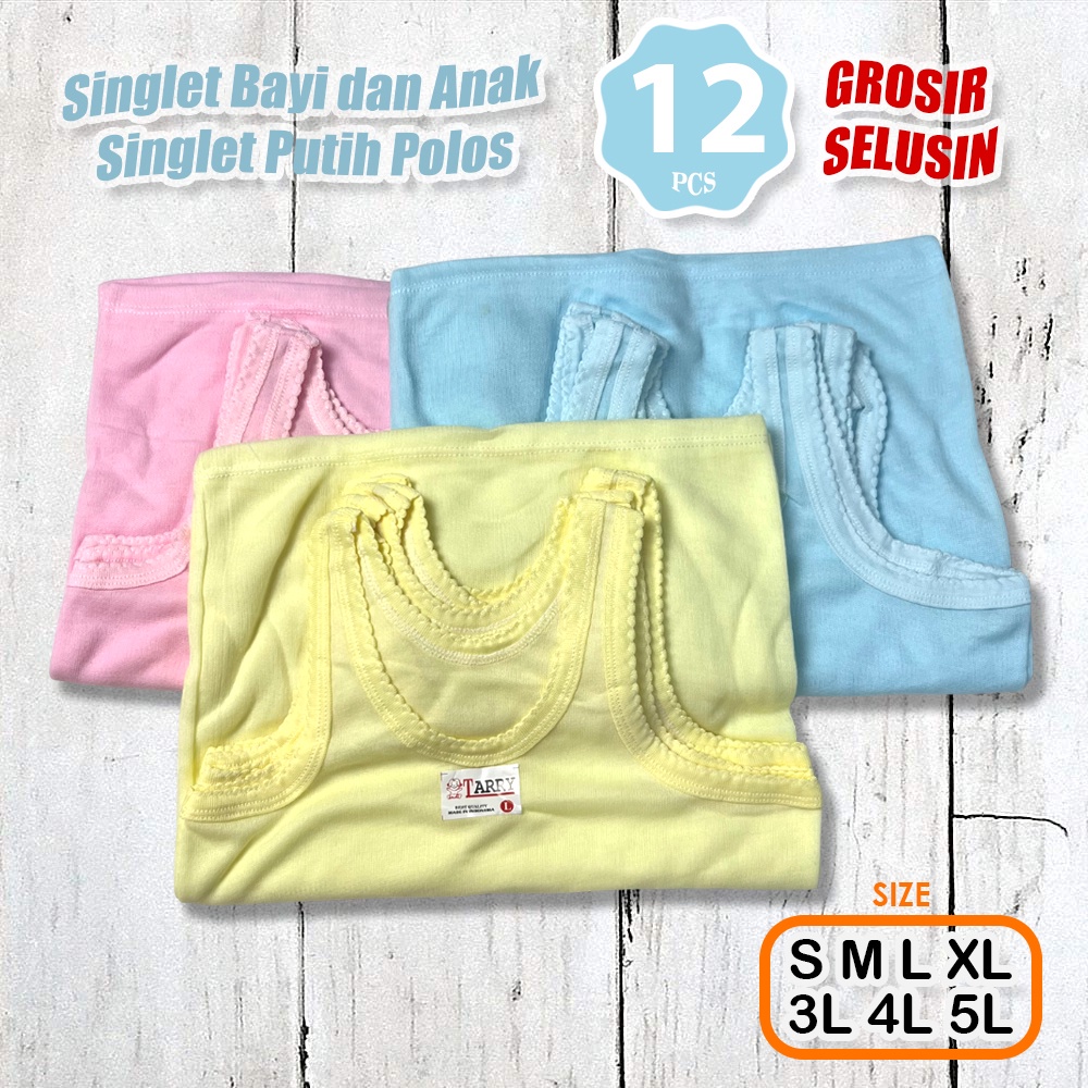 Grosir Lusinan 12 Pcs Singlet Putih &amp; Warna Polos Bayi Anak Tanpa Bolongan Anak &amp; Perempuan