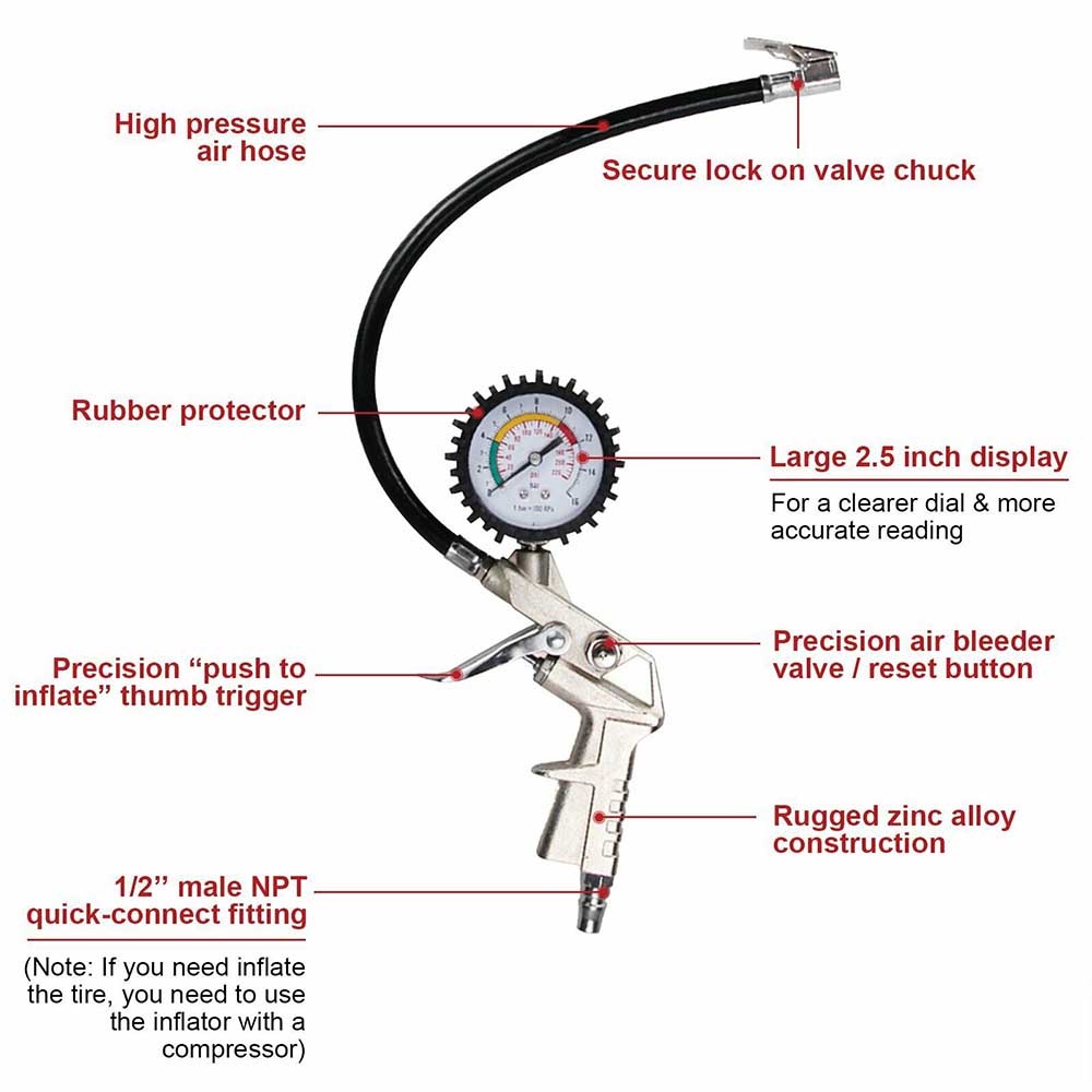 Tire Inflator Air Pressure Gun Isi Ukur Tekanan Angin 3 in 1 Tire Gauge Kit Alat Pengisi Ukur Tekanan Buang Angin Ban