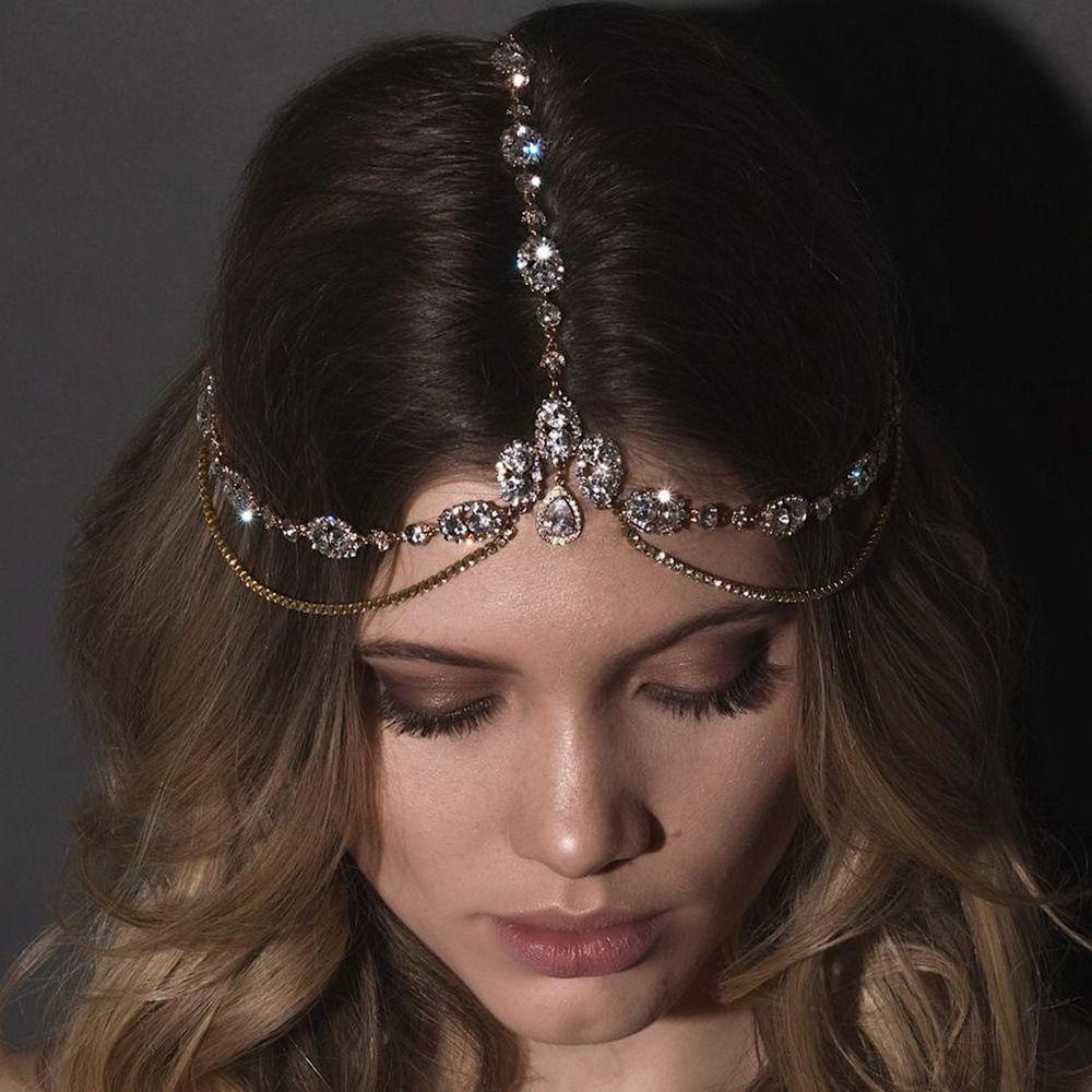 Lily Kepala Rantai Laporan Turban Hiasan Kepala Warna Emas Perhiasan Rambut Pengantin Kristal Berlian Imitasi