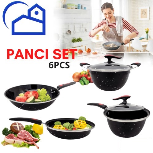 Panci Wajan Set Cookware Set 6pcs Panci Enamel With Tutup Kaca 8830
