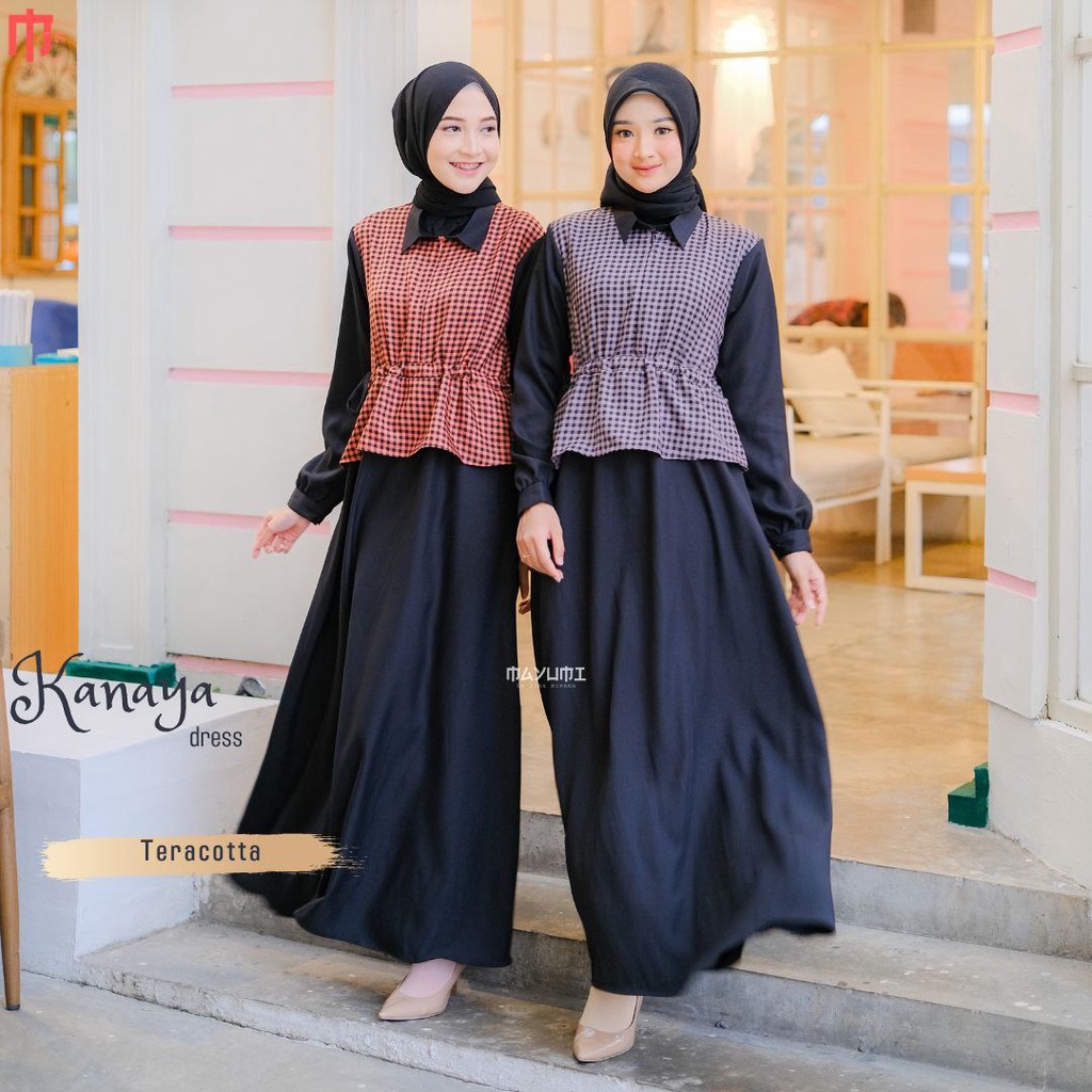 gamis wanita muslimah terbaru kanaya dress by mayumi bahan shakila tebal nyaman di pakai motif kotak