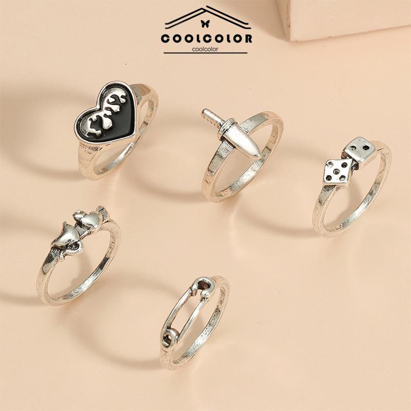 COD❤️5 Pcs set Domingo Ring Alloy peniti dadu love pedang retro silver cincin wanita fashion korea