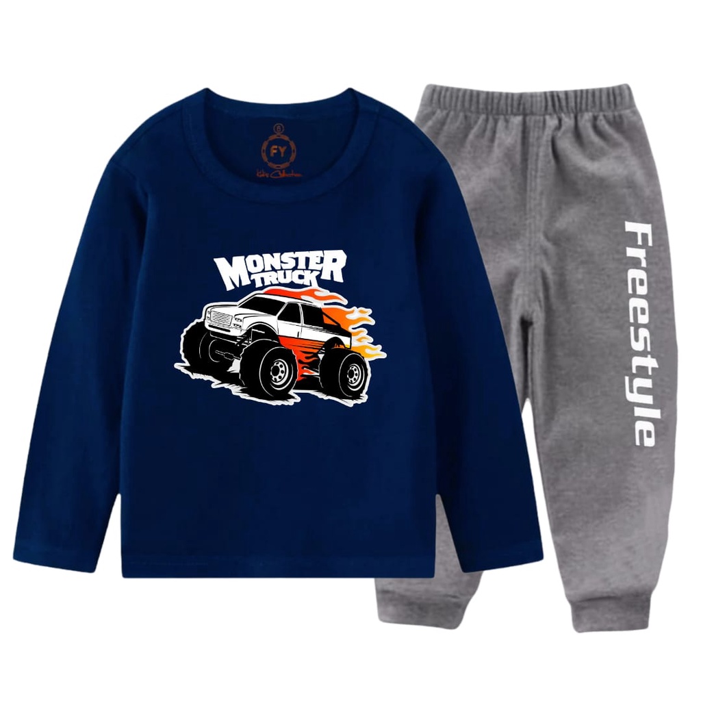 RDkidzid SET Panjang Anak Cowok Setelan Lengan Panjang Anak Laki Motif Monster Truck DTF