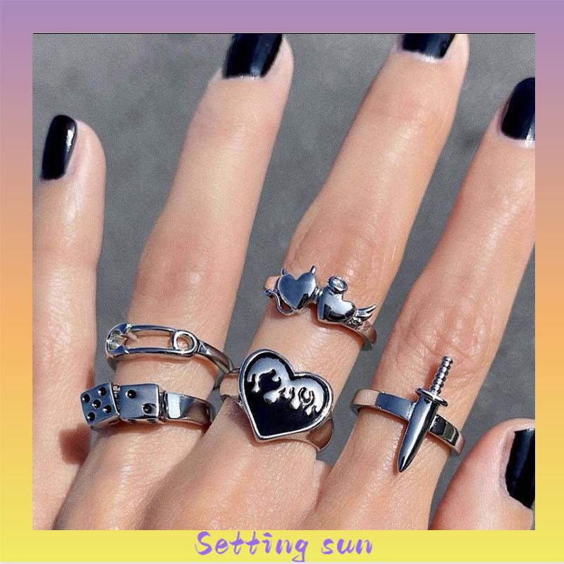 Domingo Ring Alloy peniti dadu love pedang retro silver cincin wanita fashion korea 5 set TN