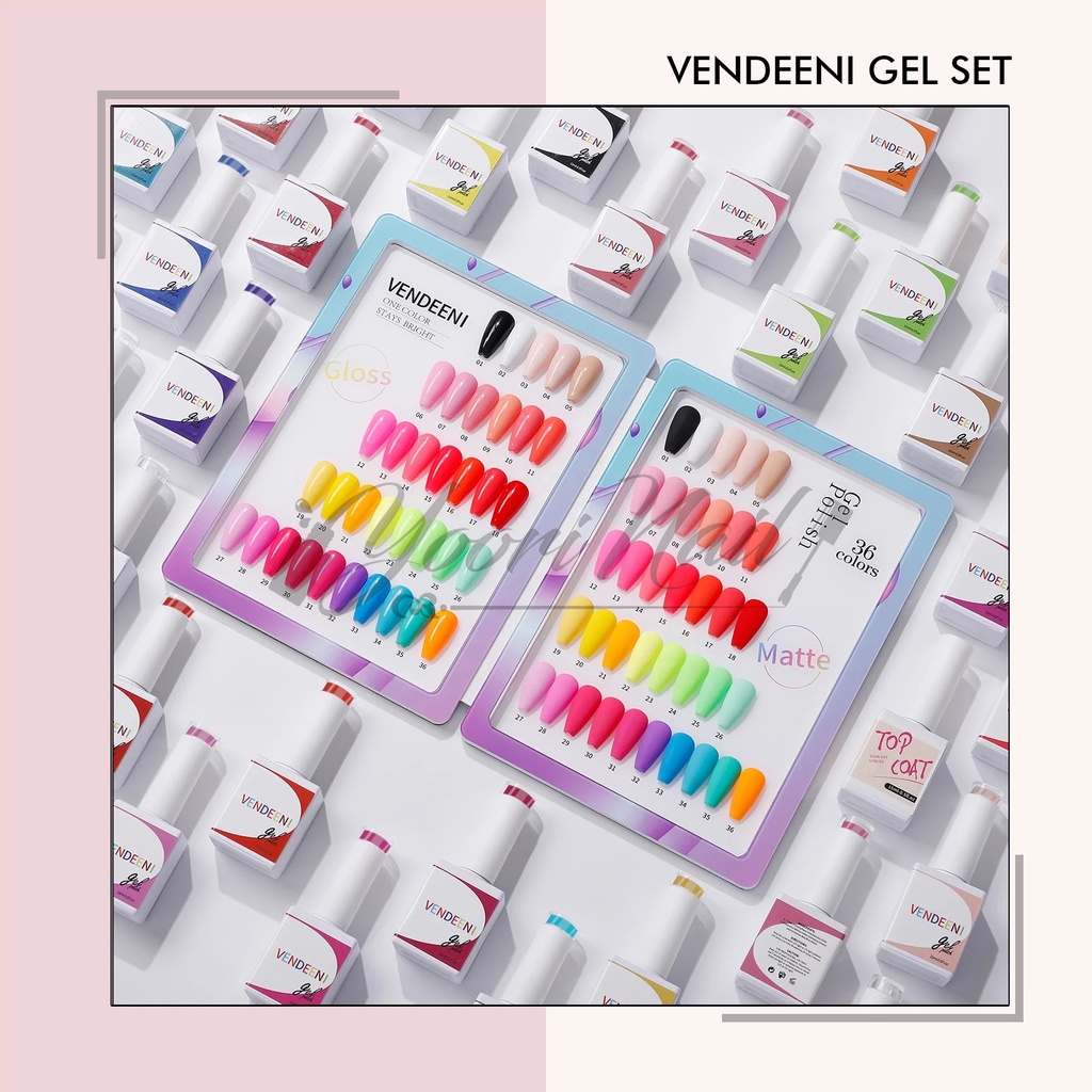 PROMO BULAN INI Vendeeni set gel polish 36 set warna box top base top matte vendeeni nail gel paket