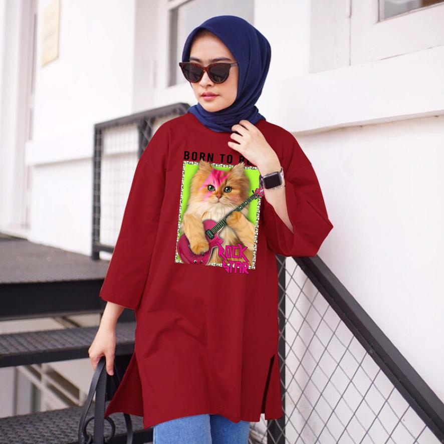 KAOS OVERSIZE TOP HIJAB WANITA BASIC DTF KUCING GITAR / OVERSIZE SLIT BLOUSE GAMBAR DTF / DIGITAL PRINT