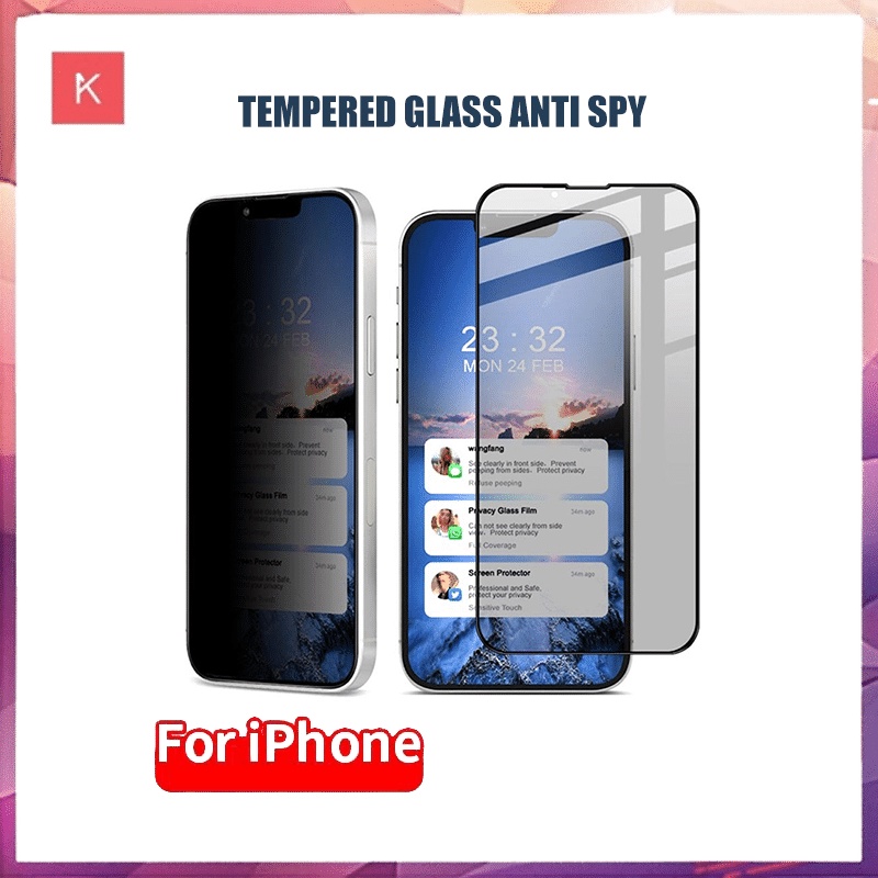 ANG Tempered Glass Anti Spy / Privasi anti gores kaca FOR IPhone 14 13 12 11 X XR XS 8 7 6 6S PLUS PRO MAX