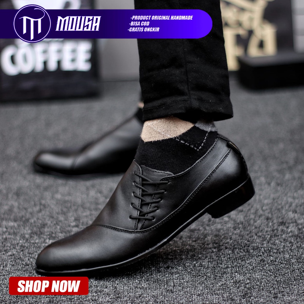 Sepatu Pantofel Kerja Kantor Kulit Asli Formal Hitam Pria Mousa Megan