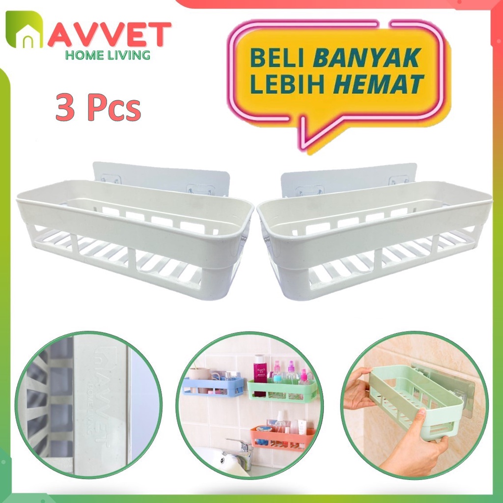 AVVET (PAKET HEMAT) Rak Kamar Mandi Persegi Panjang Multifungsi Putih 3Pcs