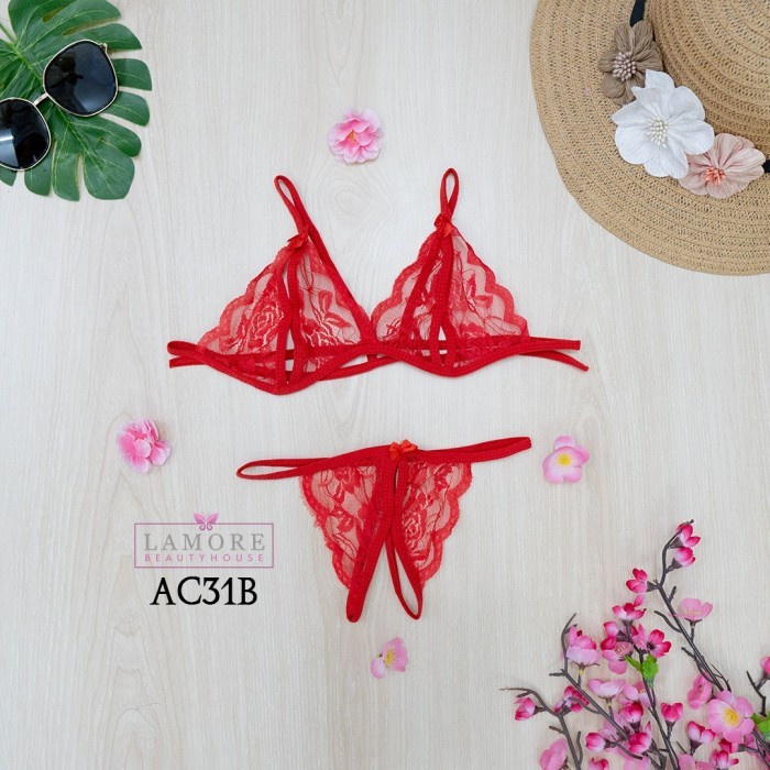 STOCKING WANITA LACE + BRA CD G STRING UNDERWEAR SEXY MERAH AC31B BAHAN BERKUALITAS