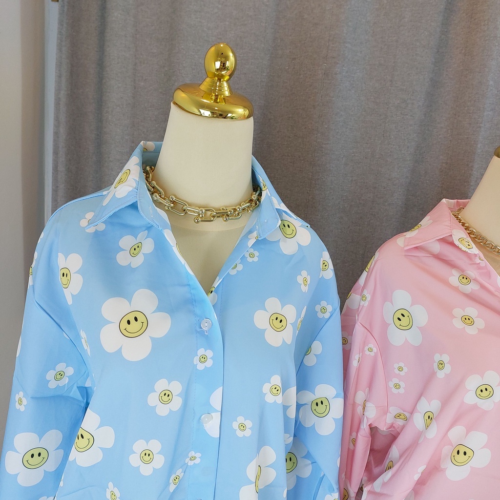 KEMEJA NOK BANGKOK OVERSIZED MOTIF SMILEY FLOWER FASHION WANITA IMPORT BANGKOK