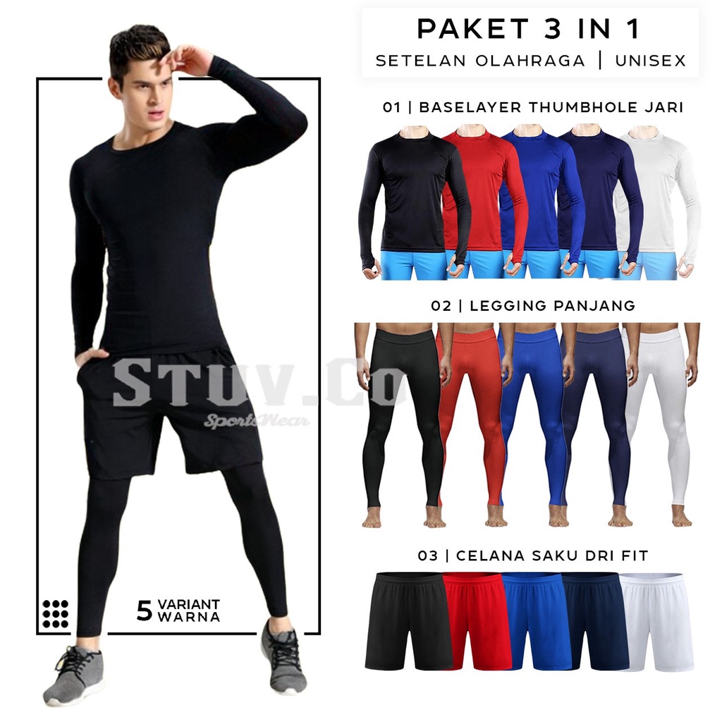 PAKET STELAN OLAHRAGA PRIA WANITA BASELAYER LENGAN PANJANG JARI LONGSLEEVE THUMBHOLE LEGGING PANJANG LEGING LONGPANTS CELANA OLAHRAGA SAKU JOGGING LARI SEPEDA SEPAKBOLA