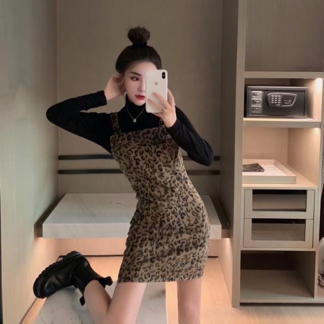 Suhao one-piece suit wanita retro temperamen berleher tinggi bottoming top leopard strap dress net merah fashion dua potong trendi