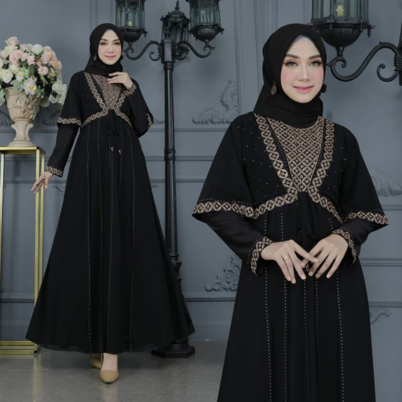 GAMIS ABAYA TURKEY BORDIR NADINE COKLAT SILVER