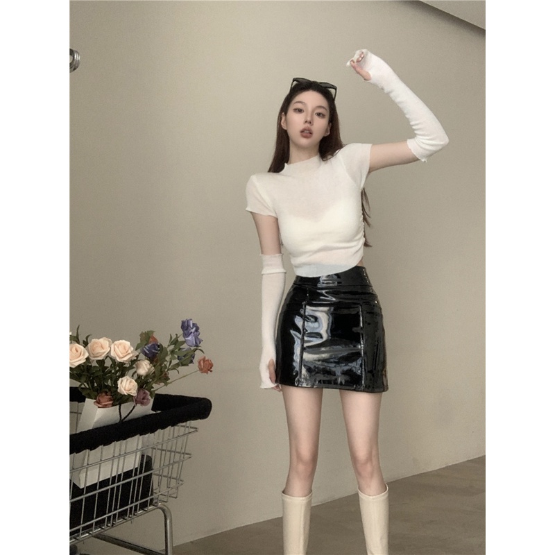 ┇Suhao Hot Gadis Kulit Hitam Rok Rok Pakaian Wanita Musim Gugur 2022 Baru Rok Pinggang Tinggi Rasa Desain Niche tas Hip Rok