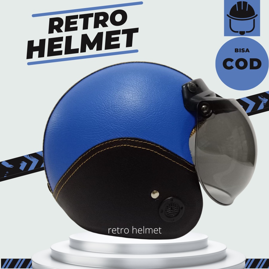 Helm Bogo Wanita Cewek Dewasa Retro Kulit Hijab Kaca Datar Cembung Full Leher Biru Hitam Polos Origi
