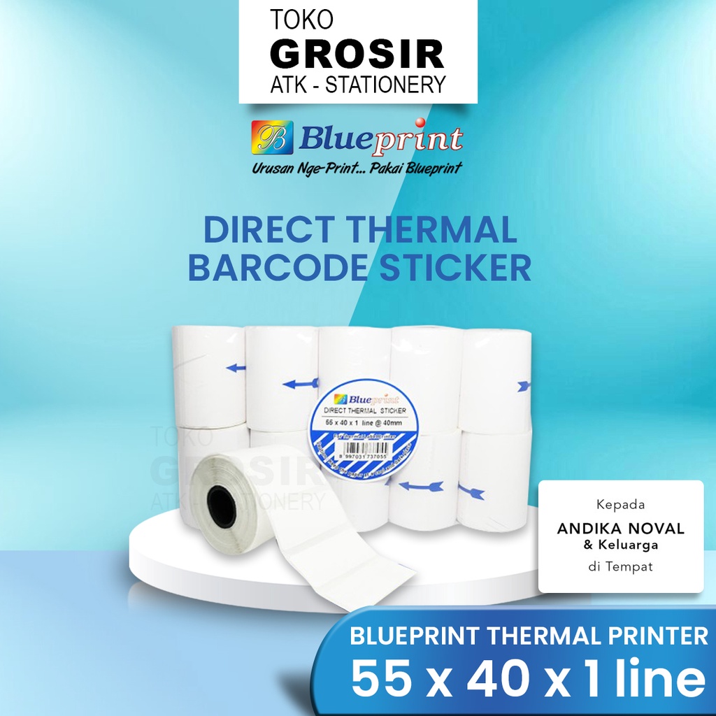 

55x40 (1 PACK) Kertas Thermal Sticker Barcode Stiker Label Termal BLUEPRINT Paper Roll ≈ 58MM