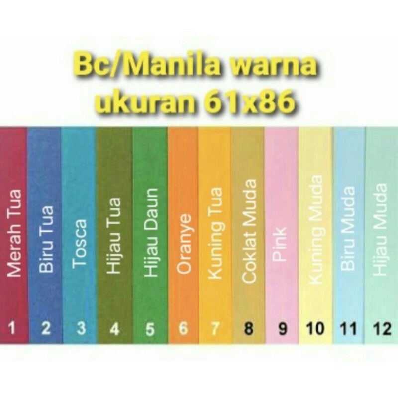 Kertas BC Manila Warna MINIM ORDER 3 LEMBAR/ Karton Manila Warna/ Bc Pindo Super Warna