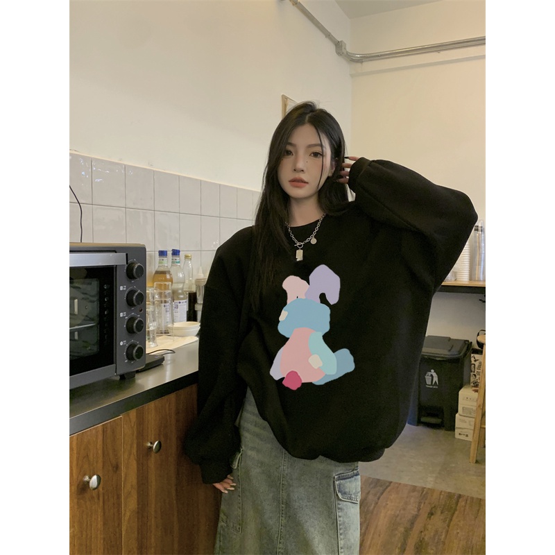 EUNII Sweater Lengan Panjang Cartoon Rainbow Bunny Korean Style/Sweater Crop/Baju Wanita/Switer Wanita/Switer