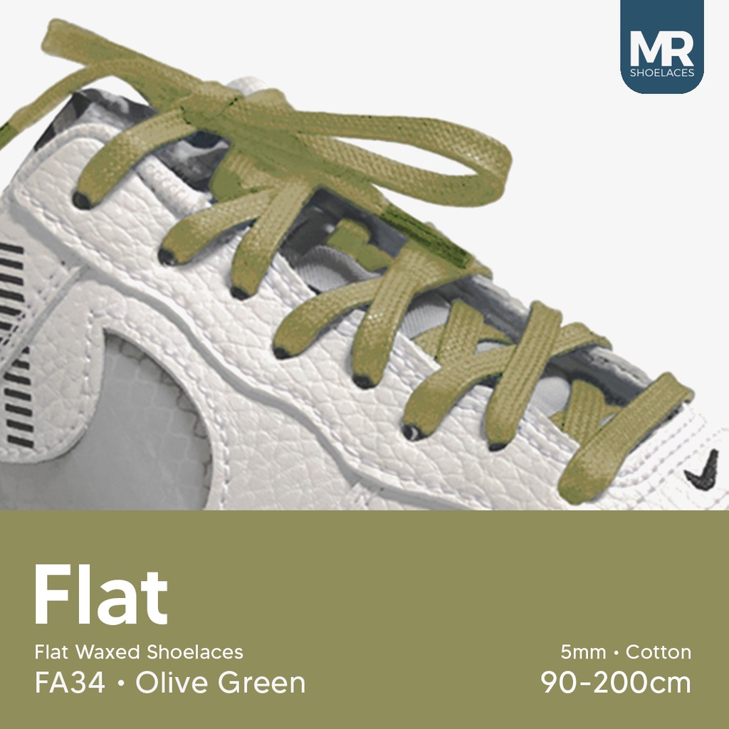 MR Shoelaces FA34 Olive Green (Hijau Oliv) - Tali Sepatu Lilin 5mm Gepeng Flat Pipih (Waxed Laces) 90cm 100cm 120cm 150cm 200cm - Premium Shoelace