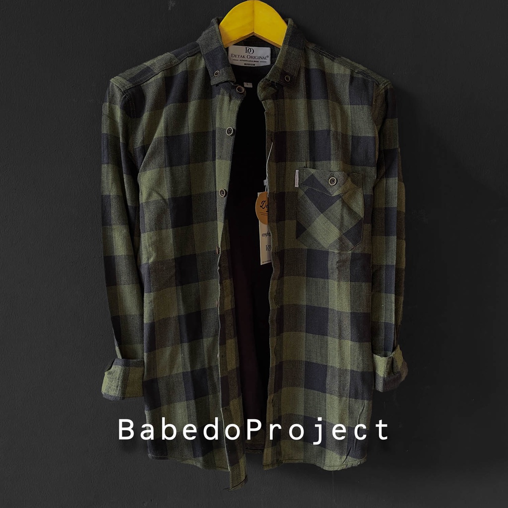 [JUMBO] Kemeja Flannel Pria Lengan Panjang Premium Quality - Lightgreen