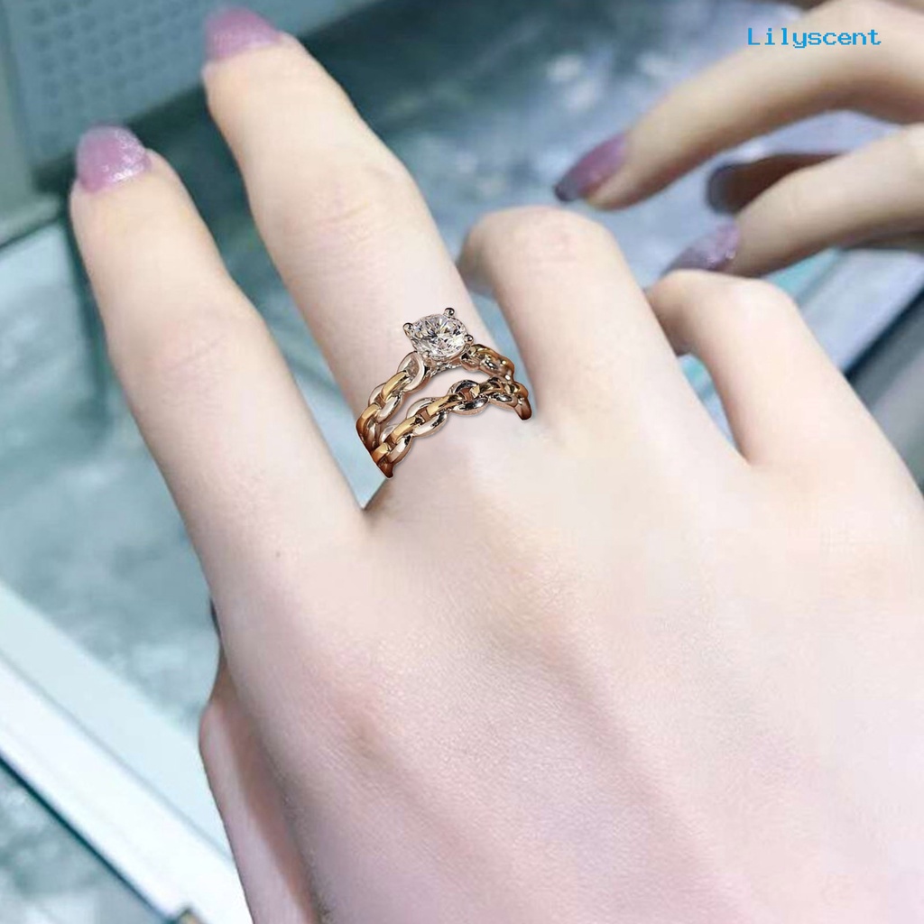 [LS]2Pcs /Set Rantai Permukaan Halus Pernikahan Band Alloy Two-tone Berlian Imitasi Wanita Rings Charm Jewelry