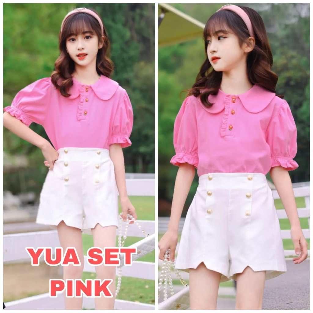 BAJUKIDDIE YUA SET PINK BAJU SETELAN ANAK CEWEK FASHION KOREA IMPORT STYLISH