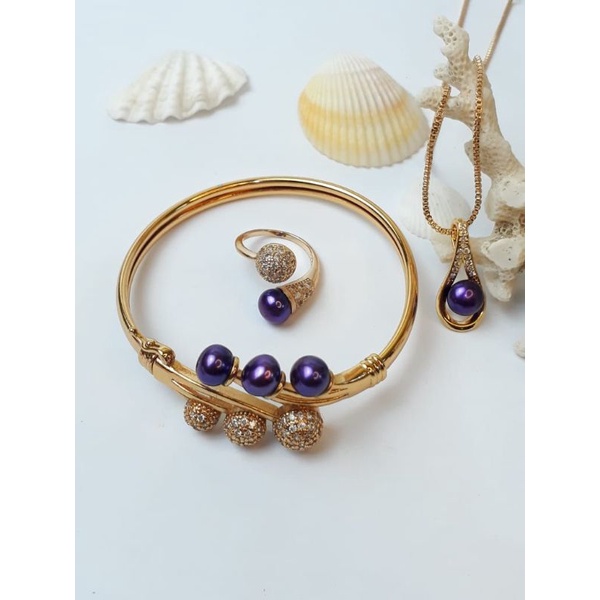Mutiara Lombok Asli | Set gelang, cinci dan kalung liontin rhodium mutiara air tawar asli warna ungu