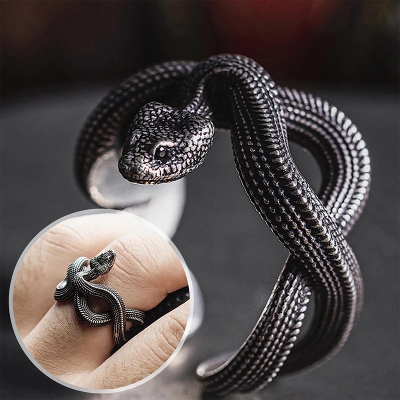 Vintage Viper Ring Adjustable Rattlesnake Ring Cincin Pria Dan Wanita Gaya Kepribadian Hewan Ular Cincin Gelap Punk Tiga Dimensi Snake Ring