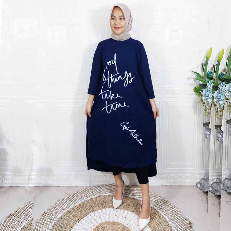 CARLINA GOOD THINGS TAKE TIME LONG TUNIK OVERSIZE DRESS WANITA CANTIK