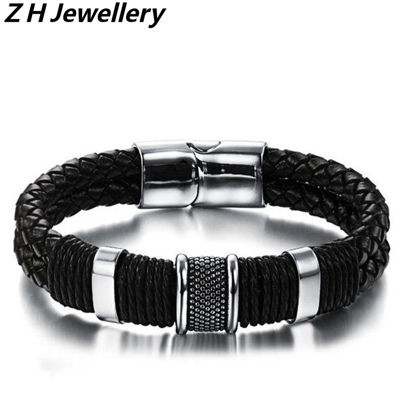 [Z H Perhiasan] Hip Hop Rock Retro Pria Fashion Gelang Kulit Stainless Steel Pesta Perhiasan Aksesoris