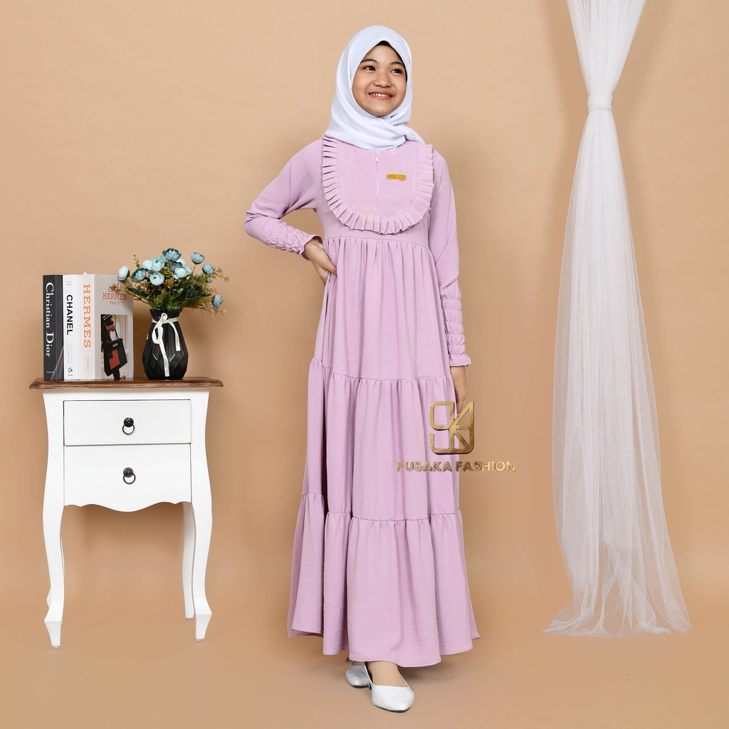 VINA KIDS GAMIS cringkle ANAK perempuan remaja tanggung 9-17 tahun fashion muslim longdress KID girl serut susun modern premium warna putih tulang pink fuchia sage green hitam bata mocca lemon olive broken white gamis putih manasik haji mengaji terbaru