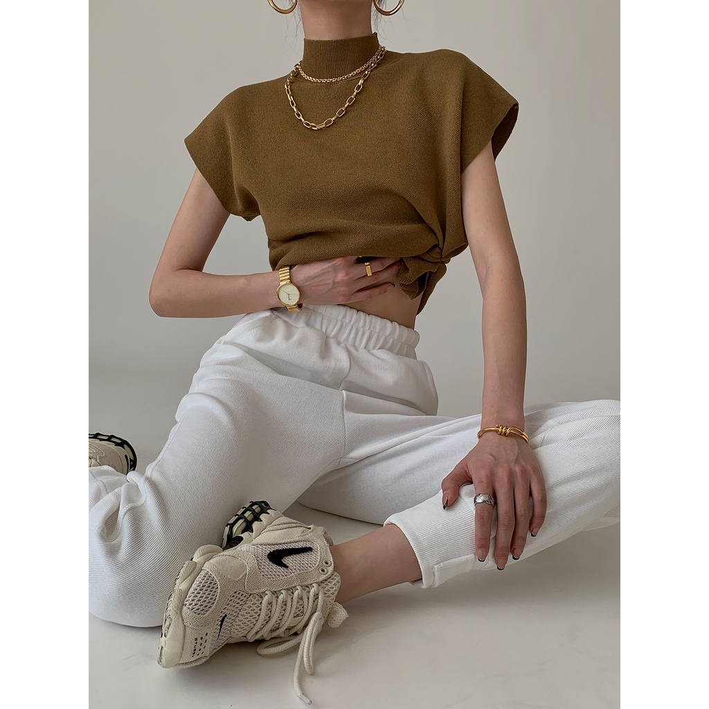 kaos rajut lengan pendek wanita knit polo T-shirt Crop Top  Turtlenack Atasan