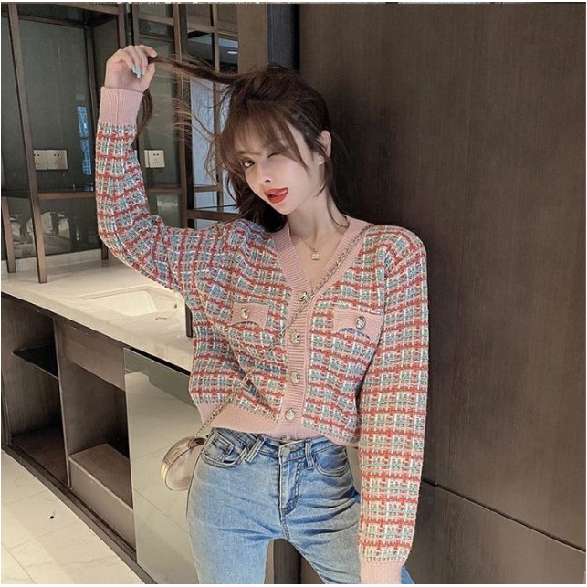 XIAOZHAINV Korean Style Lengan Panjan Rajut Cardigan Crop Top Wanita 6964