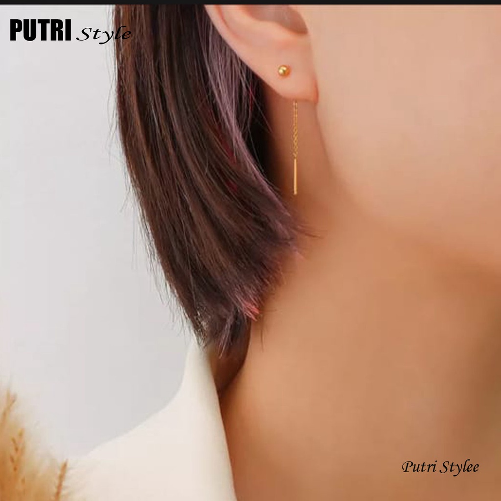 Putri Stylee - Perhiasan Anting Titanium Rumbai Panjang Bola Emas - Fashion Anti Karat Dan Luntur - 