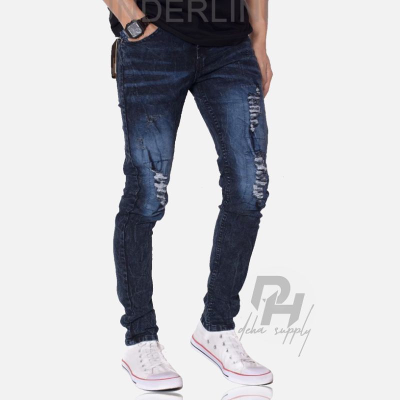 celana jeans pria sobek lutut lapis tidak tembus pants cowok robek robek berlapis UND dehas