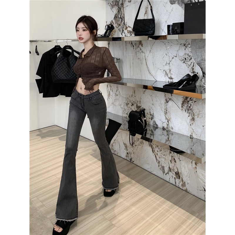 ✖Suhao Spice Girls Retro Dicuci Jeans Wanita Musim Gugur Kuno Baku Tepi Pinggang Tinggi Slim Micro Berkobar Celana celana