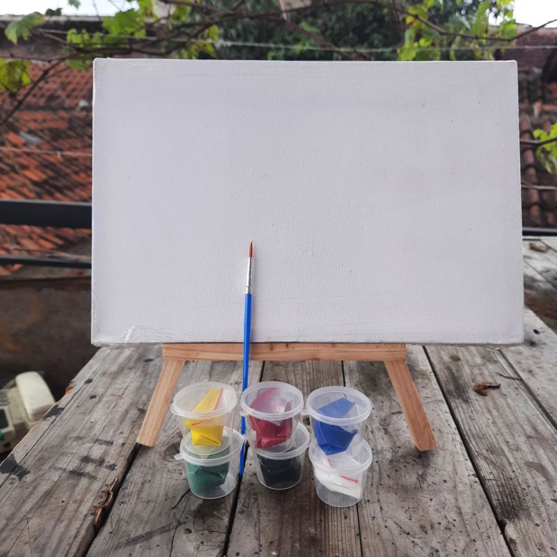 

kanvas lukis set 20x30 cat akrilik stand kayu 30cm kuas lukis paket kumplit anak melukis canvas cat lukis primer 6 warna dasar kanvas anak sekolah