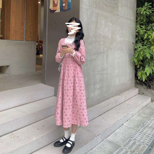 Suhao setelan jas dua potong wanita gaya Korea chic trendi kerah persegi retro lembut tali bunga musim gugur dan musim dingin semua pertandingan gaun lengan panjang