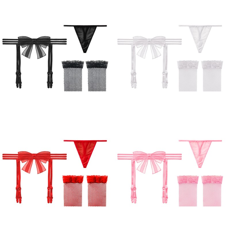 Lingerie Sexy Hot Transparan G String Busur pita Garter Belt  Set Lingerie 3T10
