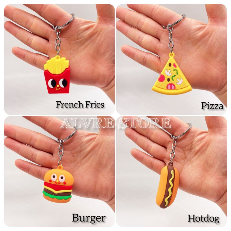 Gantungan Kunci Fast Food Burger Pizza Hotdog French Fries - Ganci Souvenir Import 3D High Quality