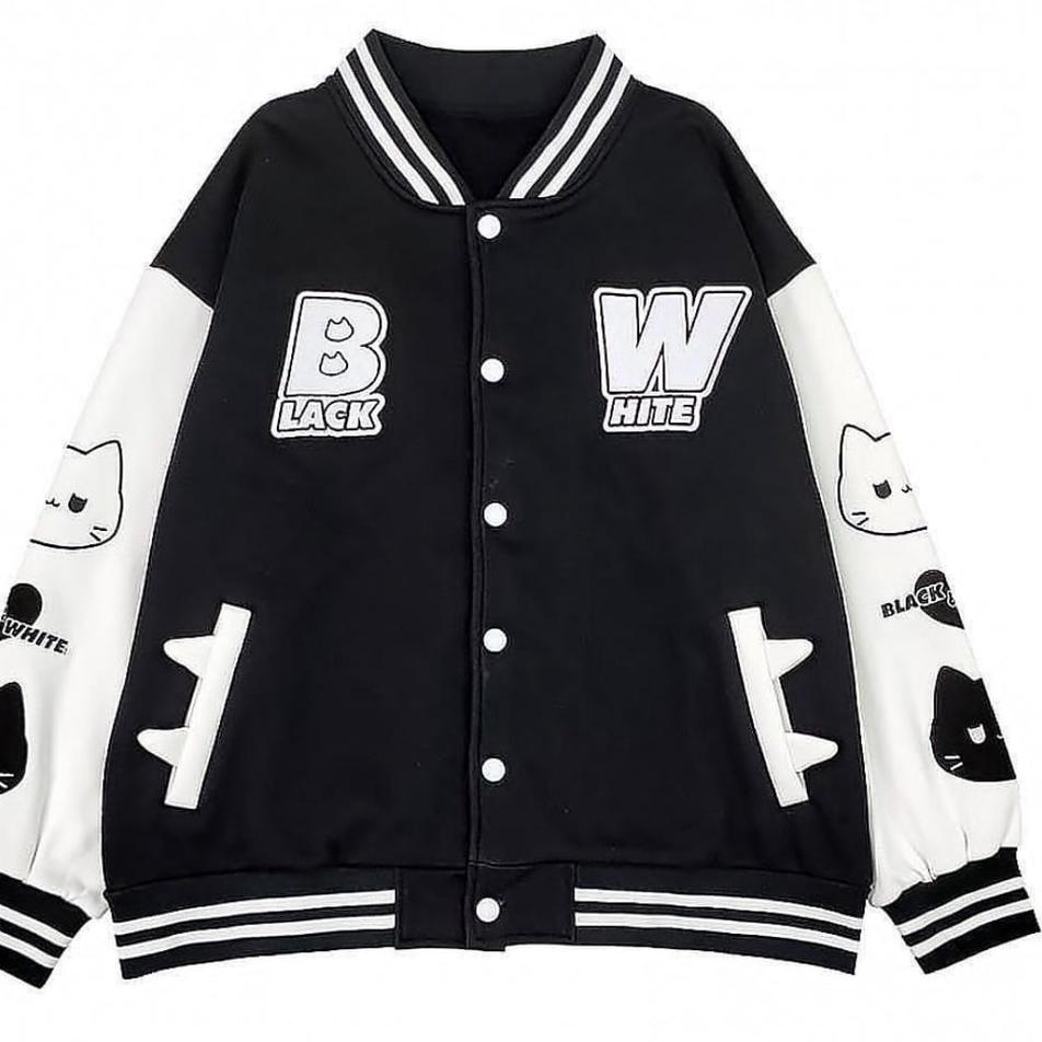 Terbaik BLACK WHITE BASEBALL JAKET VARSITY WANITA | VARSITY JAKET KOREAN STYLE | BASEBALL JAKET
