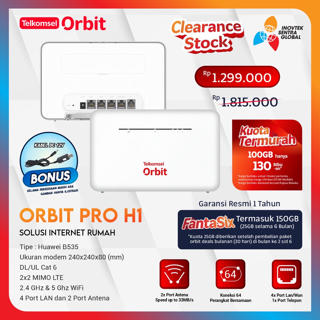 Orbit Pro H1 B535 Home Router Modem WiFi Telkomsel 4G Bonus Data 150GB