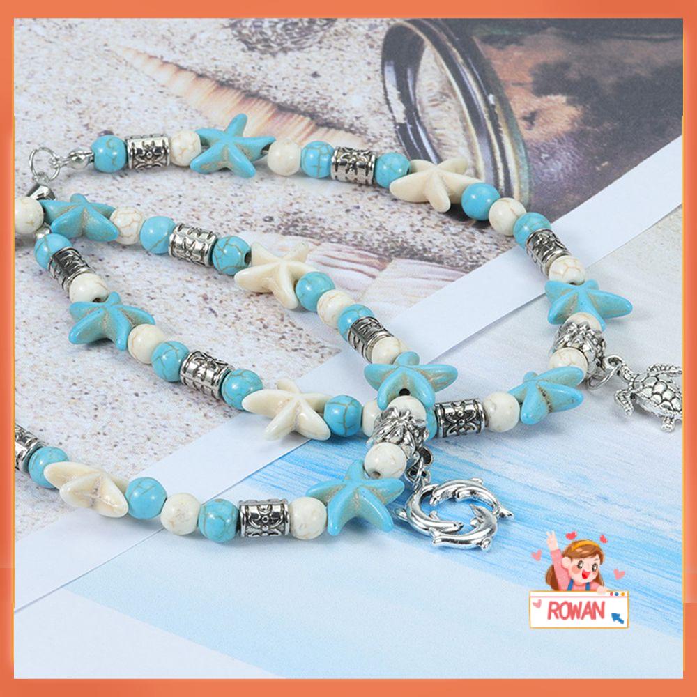 R-bunga Turtle Gelang Kaki Aksesoris Perhiasan Shell Bintang Laut Double-deck Drop Rantai Ocean Pendant Couple Anklet Foot Chain