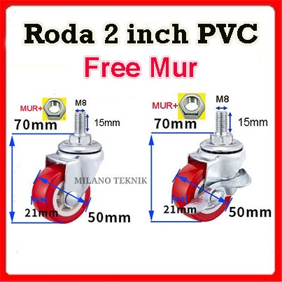 Roda 2 inch PVC Merah + MUR Baut Screw Drat Nylon Furniture Troly Kastor