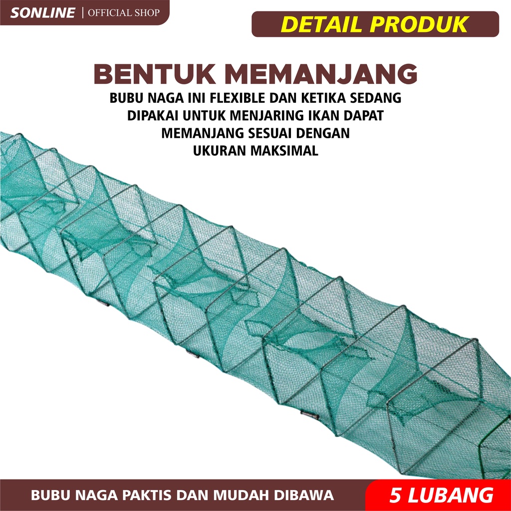 SONLINE Bubu Naga Hijau 1.5 meter / 1.5m Bubu Naga Perangkap Ikan Udang Kepiting Lobster 7 Ruas 5 Lubang