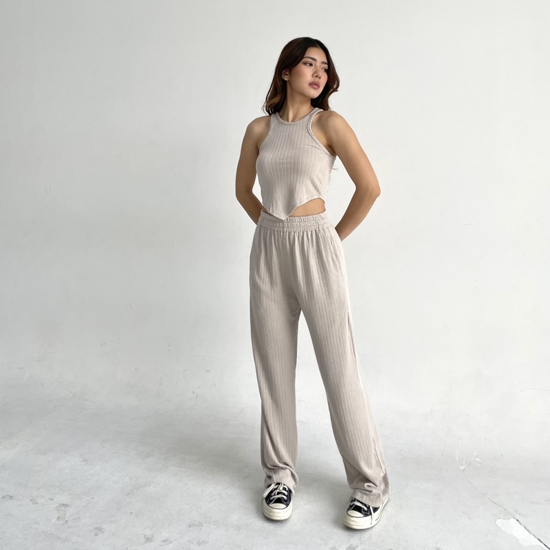 LOU SET | Setelan Wanita Ribbed Knit Set Tanktop Celana Panjang Highwaist Highwaisted Pants