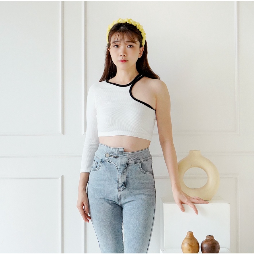 CAVALU Crop Top Lengan Panjang One Shoulder Top Korea Knit Tank Top 166