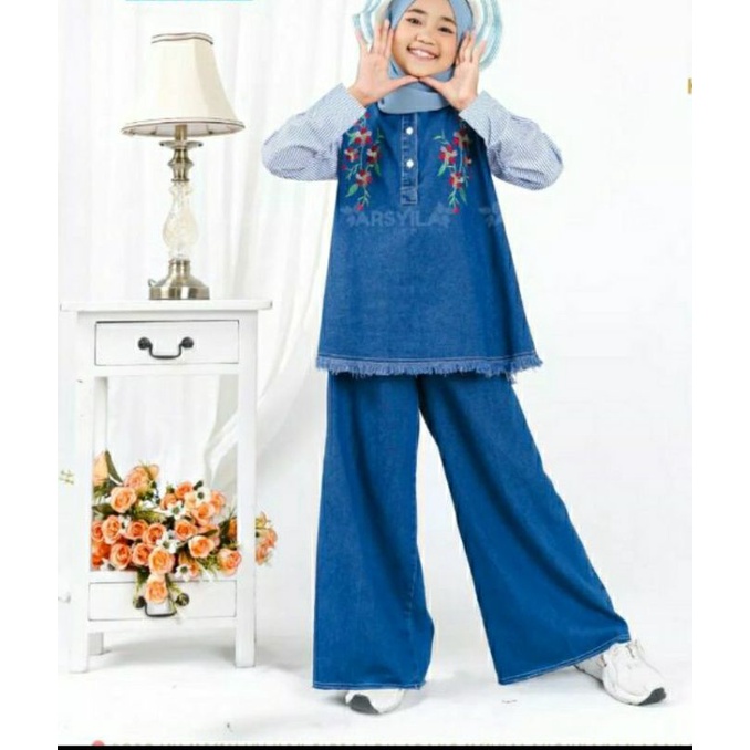 Setelan Anak Perempuan Tanggung One Set Atasan dan Celana Kulot Bahan Jeans Wash Halus Tebal Harga M