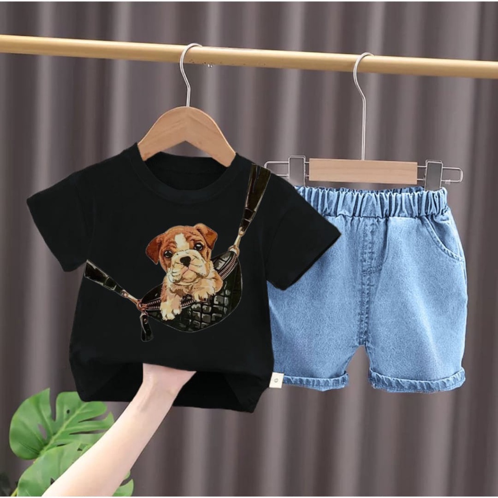 setelan baju kaos celana jeans bayi anak unisex motif dogs wasbag tas usia 6 bulan-5 tahun best quality terbaru termurah/ setelan baju kaos celana jeans bayi anak laki-laki/ setelan baju kaos celana jeans bayi anak perempuan/fashion baju celana denim anak